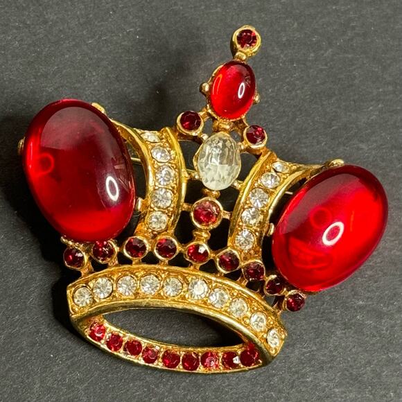 Vintage Crown Red Gold Tone Jelly Belly Style Rindstone Brooch Unsigned Estate - Picture 1 of 5